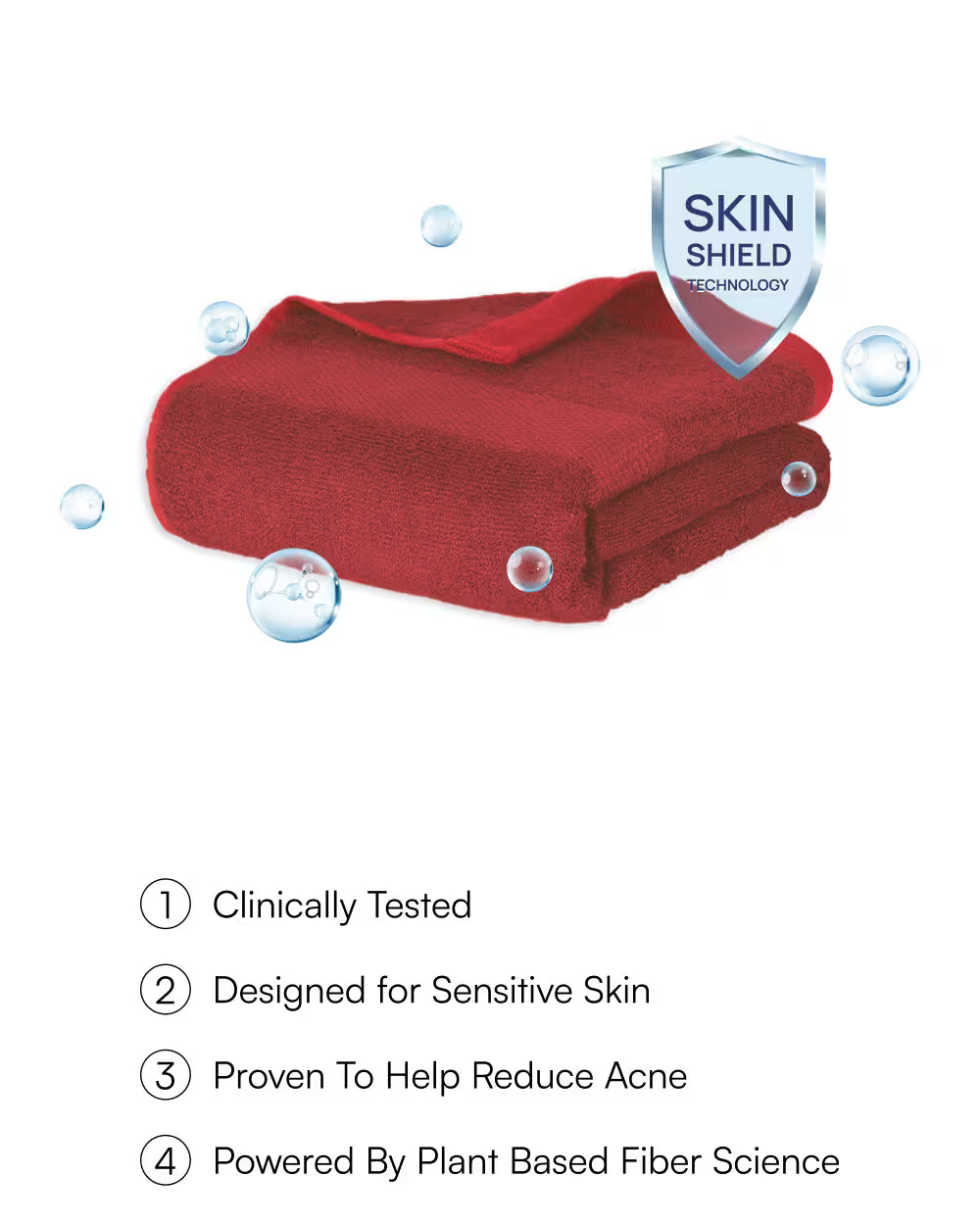 Scarlet red towel with 'Skin Shield' technology label on a white background
