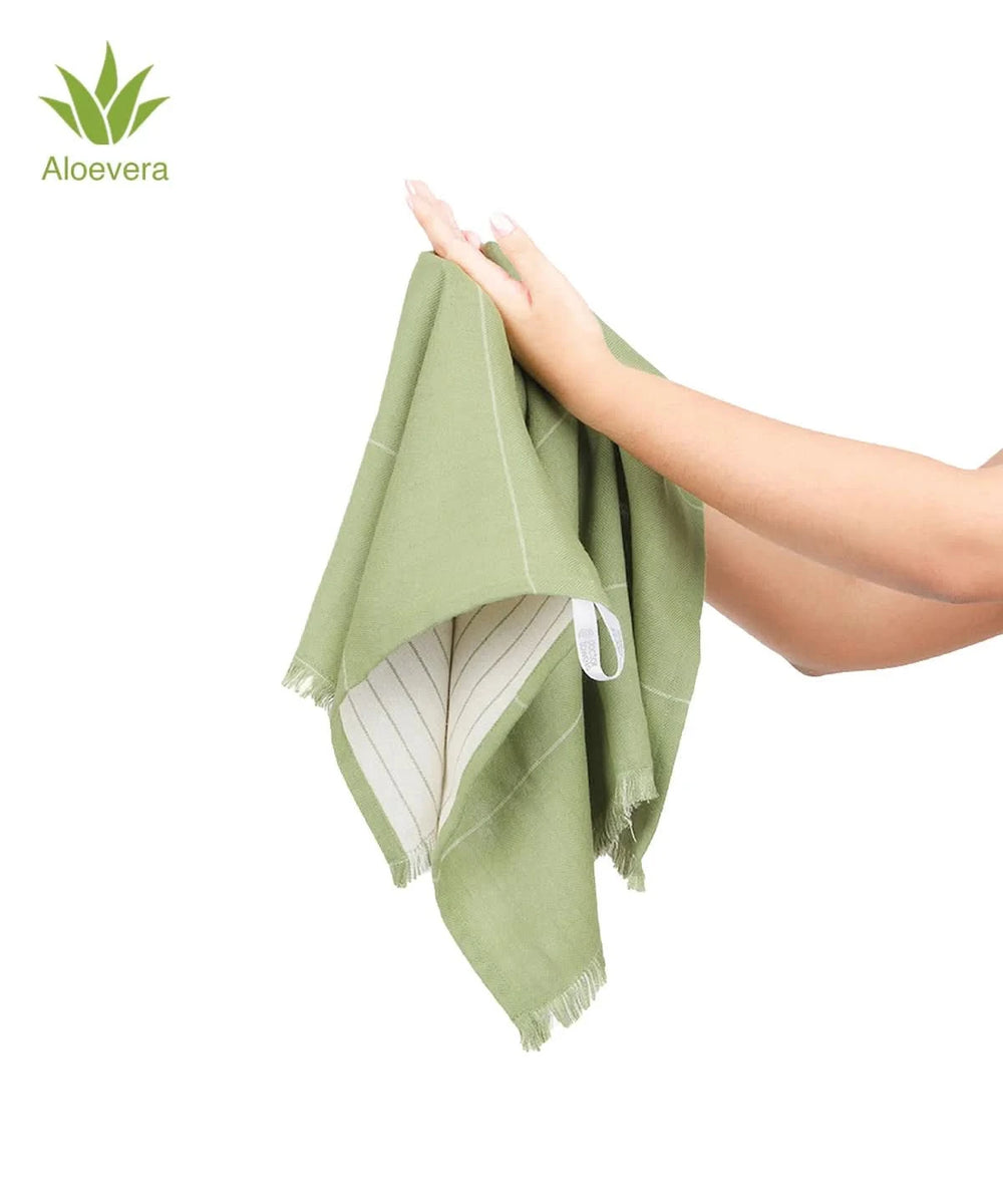 Aloe green hand towel held by a hand with Aloe vera icon on a white background.