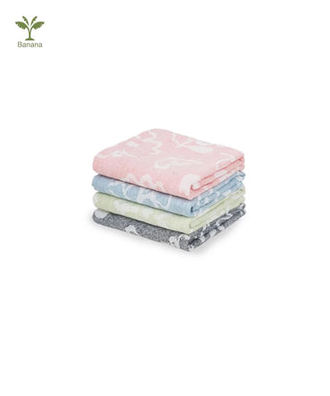 Stack of colorful baby blankets on a white background with Banana brand logo.