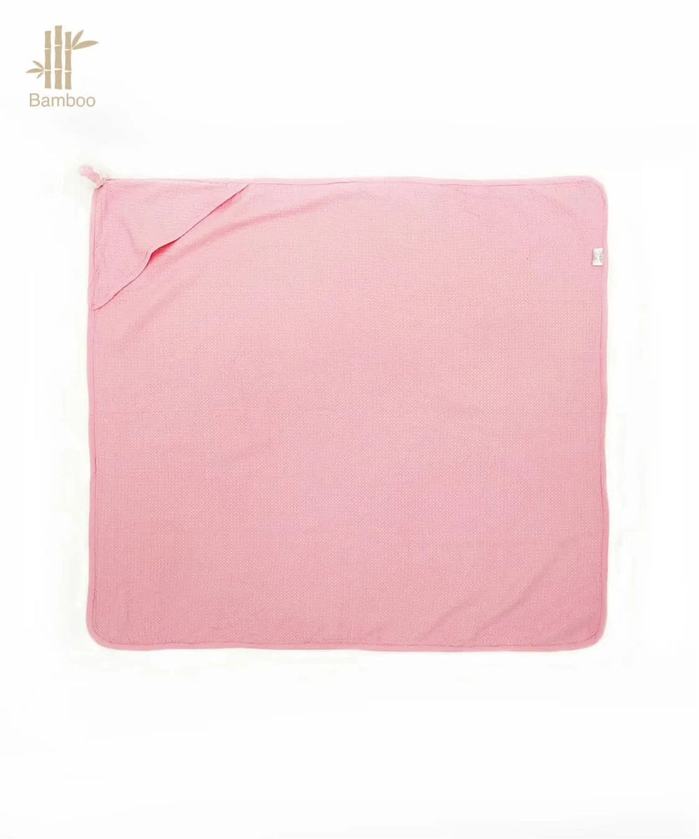 Pink baby bamboo hooded baby towel with a bamboo icon on a white background
