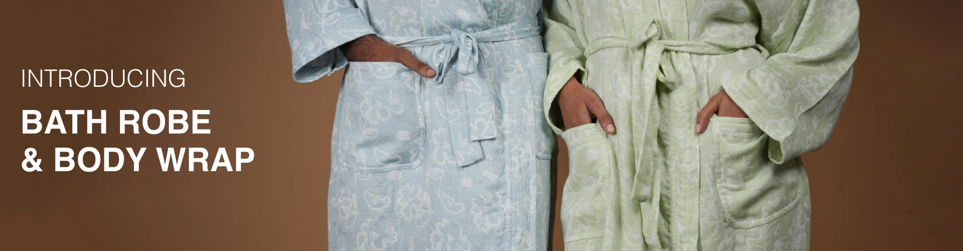 Two bathrobes displayed against a plain background with text introducing a bath robe and body wrap.