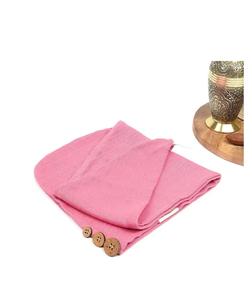 Desert Rose - Banana double cloth hair towel with buttons on a white background