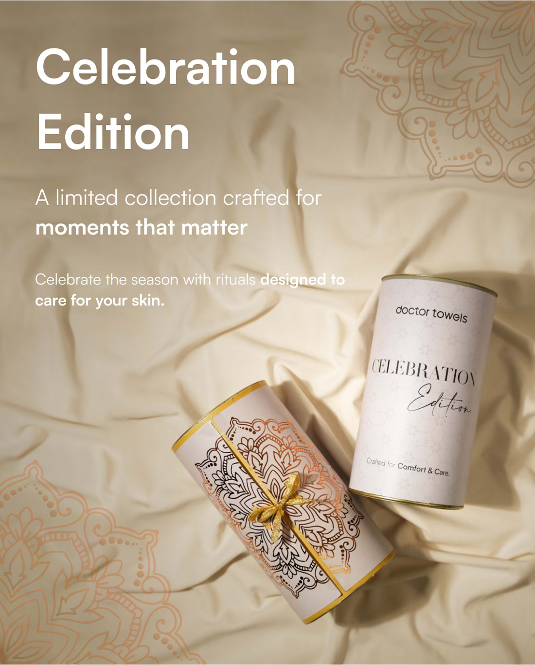 Two cylindrical containers labeled 'Celebration Edition' on a textured fabric background.
