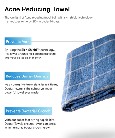 French Blue Banana Double Cloth towel with text about acne reducing properties on a white background