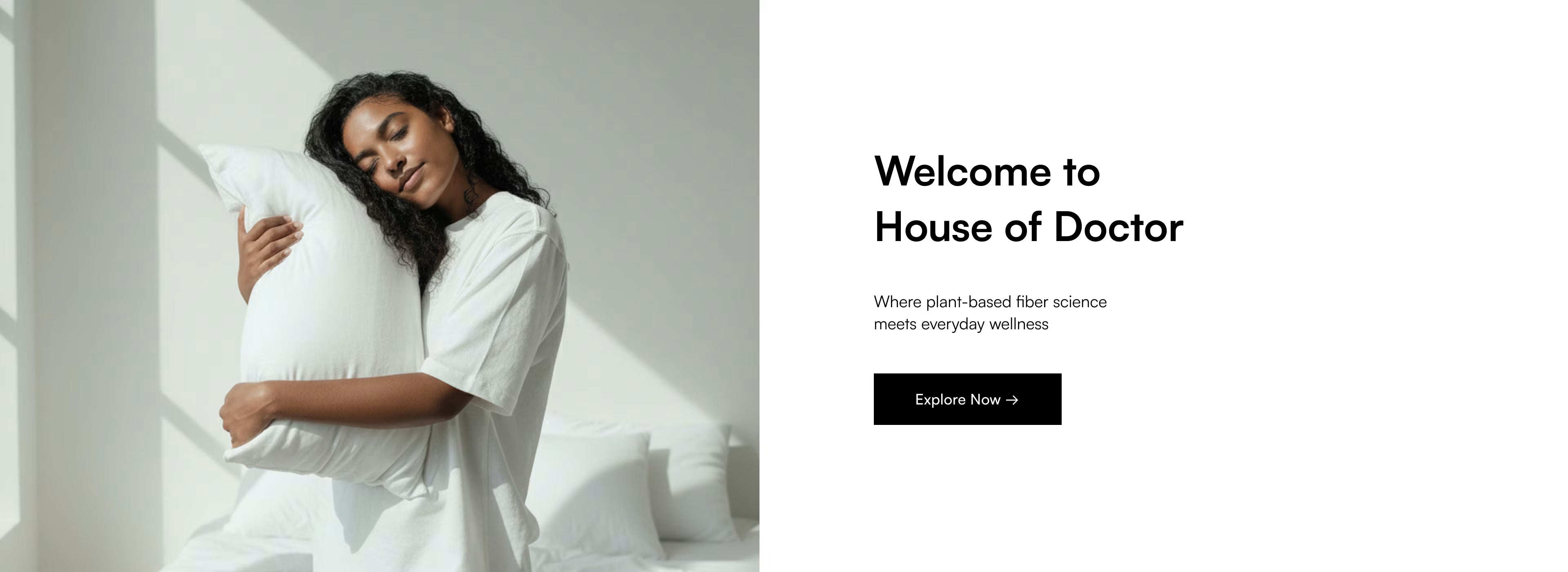 Woman holding a pillow with 'House of Doctor' branding in the background