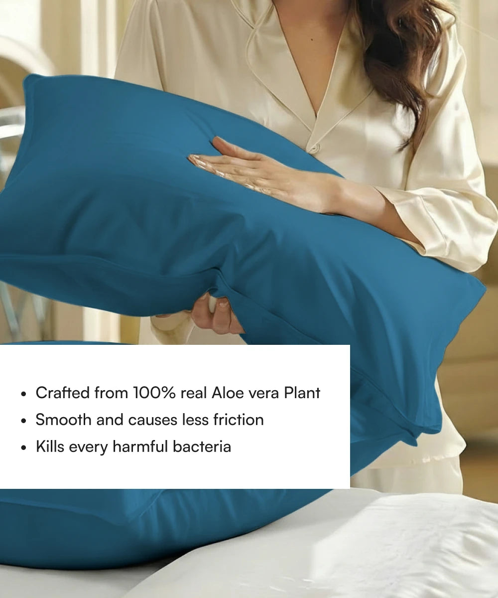 Person holding a mirage blue pillow with Aloe vera plant properties text overlay