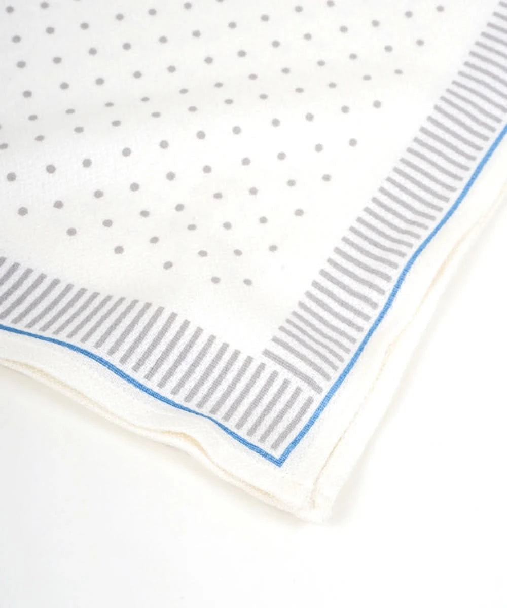 White fabric with gray polka dots and blue border