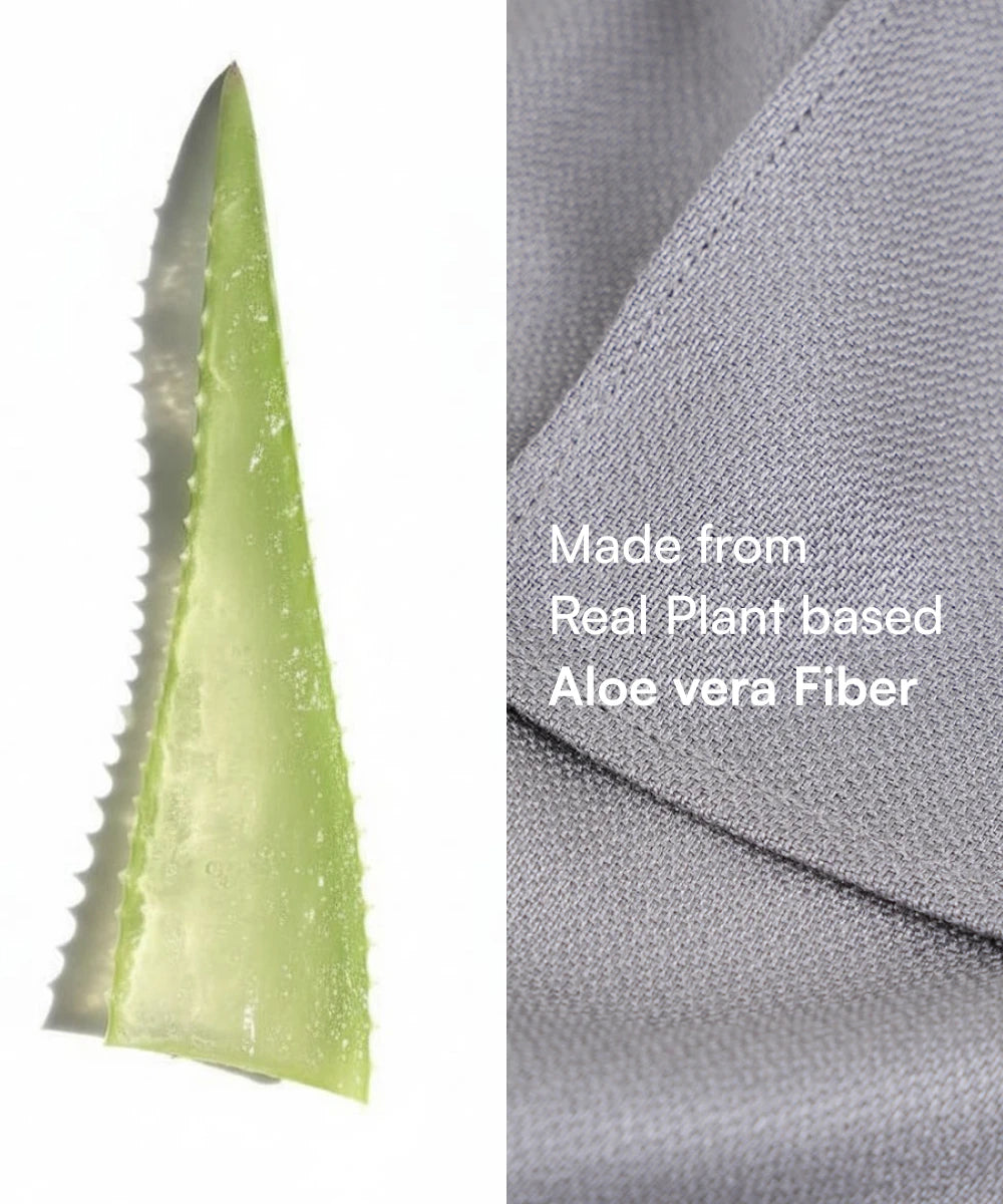 Aloe vera leaf and gray fabric with text 'Made from Real Plant based Aloe vera Fiber'.