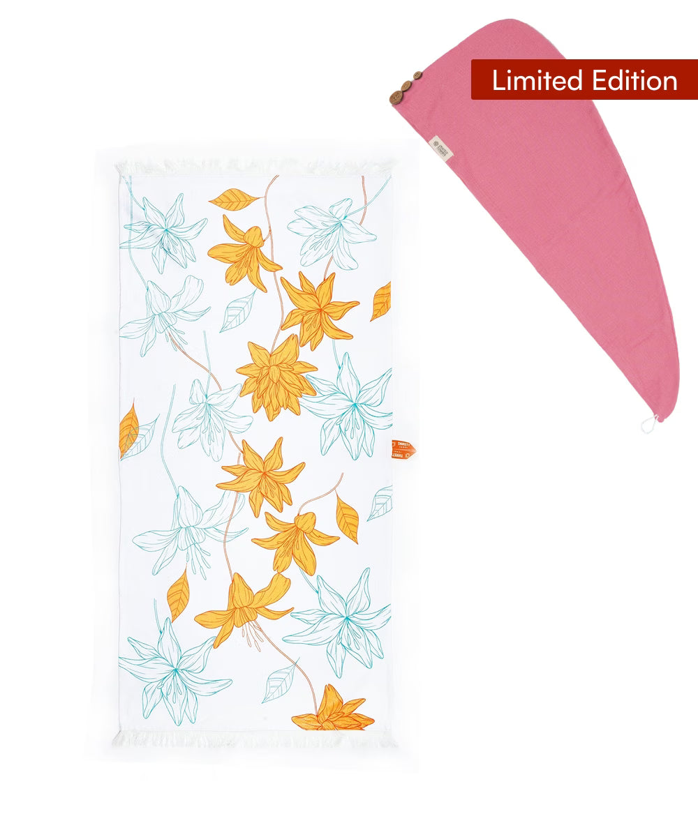 Sunlit Bloom Bath Towel + Banana Desert Rose Hair Towel Combo