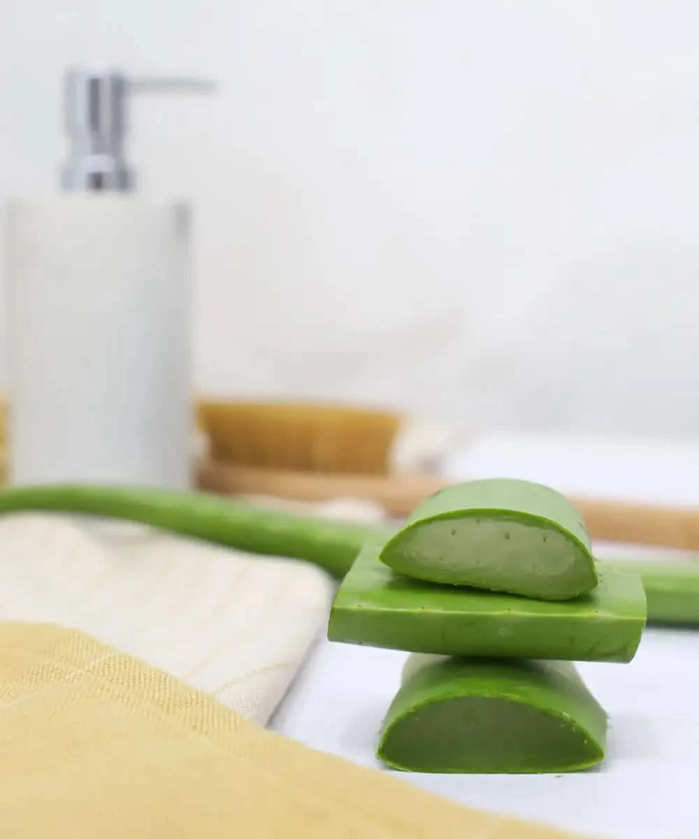 Sliced aloe vera plant on a Aloevra towel with a blurred background
