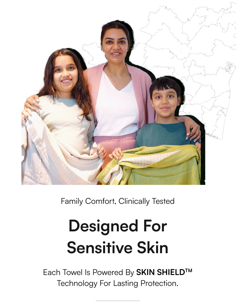 Family with a towel, promoting skin care product with text about family comfort and sensitive skin.