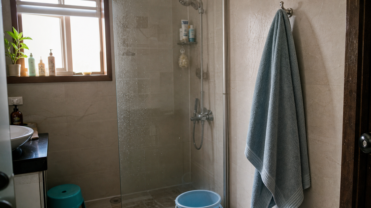 Freshly hung blue bath towel in a compact humid bathroom