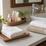 A clean vanity with a face towel kept separate from larger bathroom towels beside skincare items