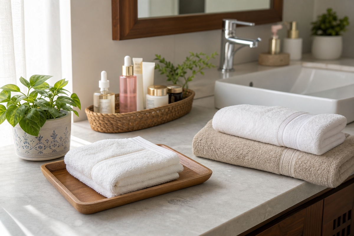 A clean vanity with a face towel kept separate from larger bathroom towels beside skincare items