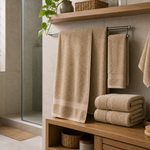 Folded bamboo-style bath towel set with bath towel, hand towel, and separate face towel arranged on a bathroom shelf