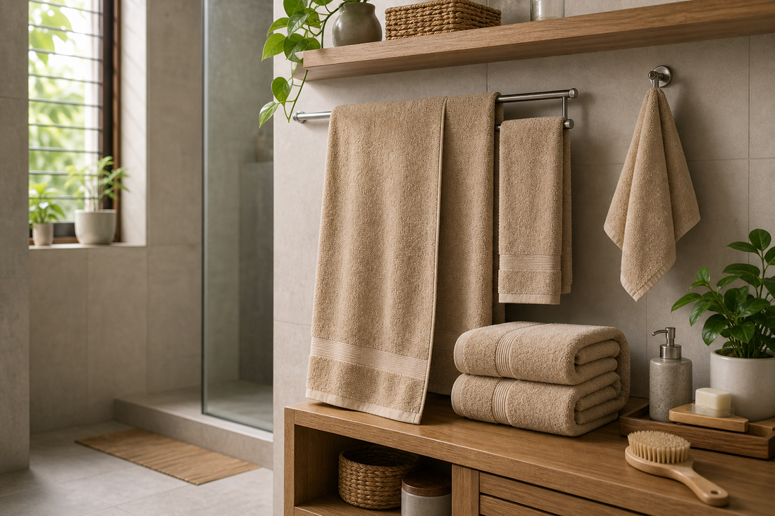 Folded bamboo-style bath towel set with bath towel, hand towel, and separate face towel arranged on a bathroom shelf