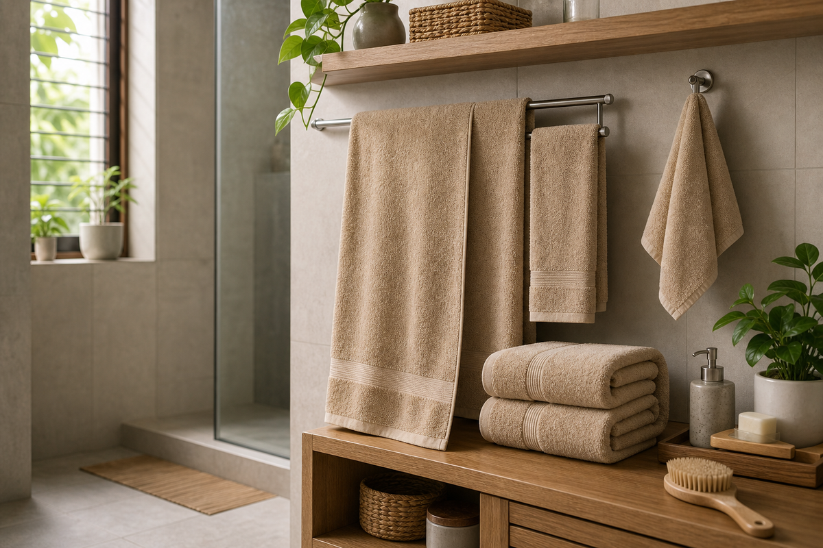 Folded bamboo-style bath towel set with bath towel, hand towel, and separate face towel arranged on a bathroom shelf