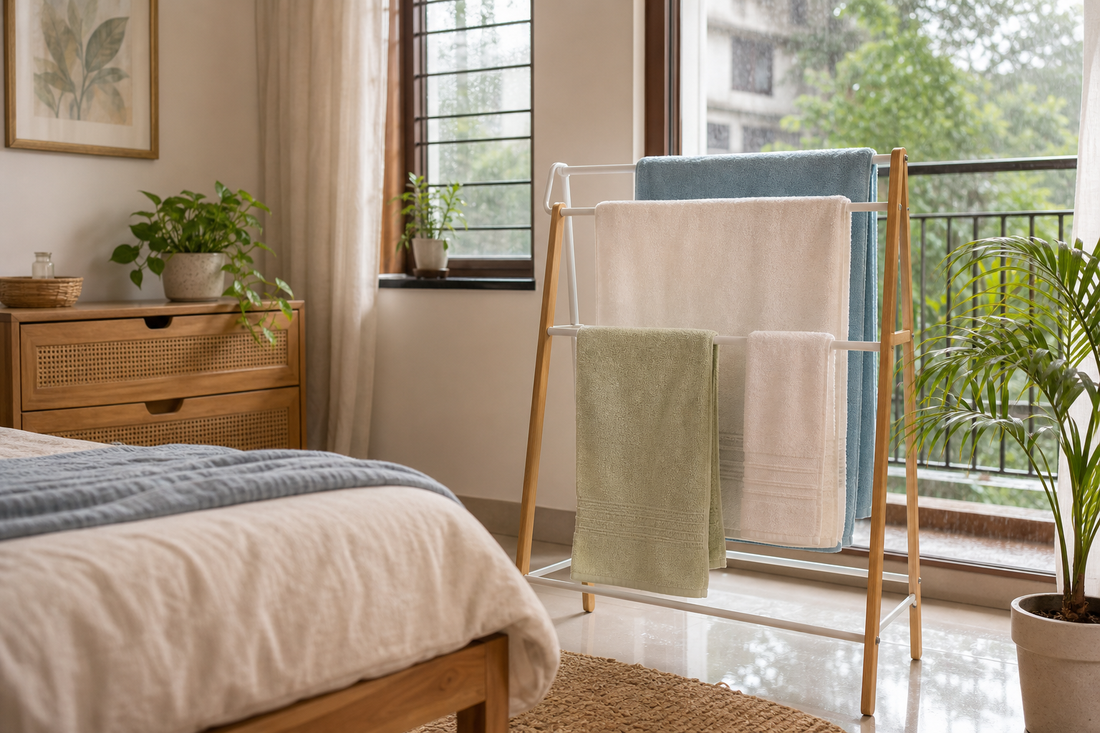 Freestanding bedroom towel stand with well-spaced towels drying near a bright Indian window