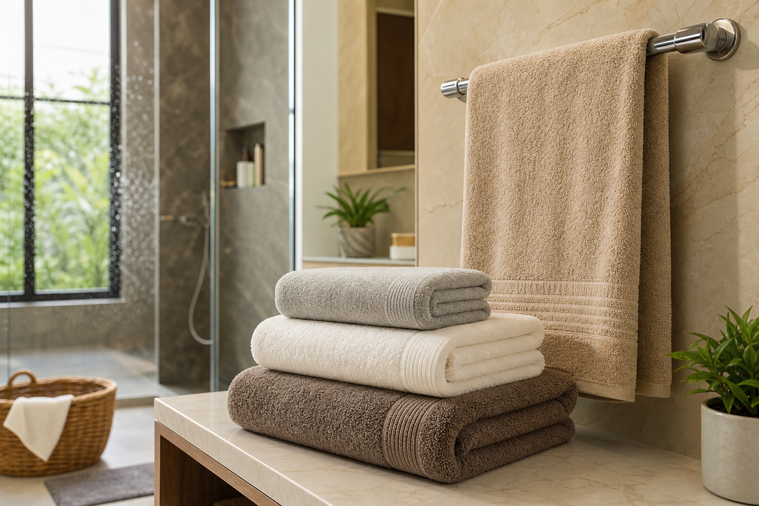 Folded bath towels of different sizes near a towel rod in a bright Indian bathroom