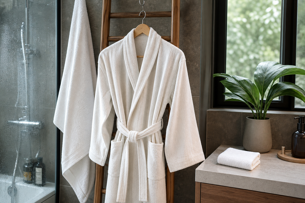 Cotton bath robe hanging in a humid bathroom beside a separate folded face towel and bath towel
