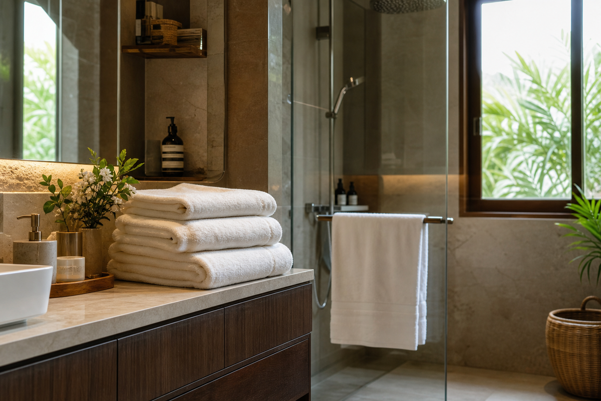 Plush folded white towels in an elegant Indian bathroom with warm light and visible drying setup