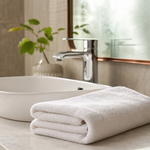 Folded white face towel beside sink and skincare bottles in a humid bathroom