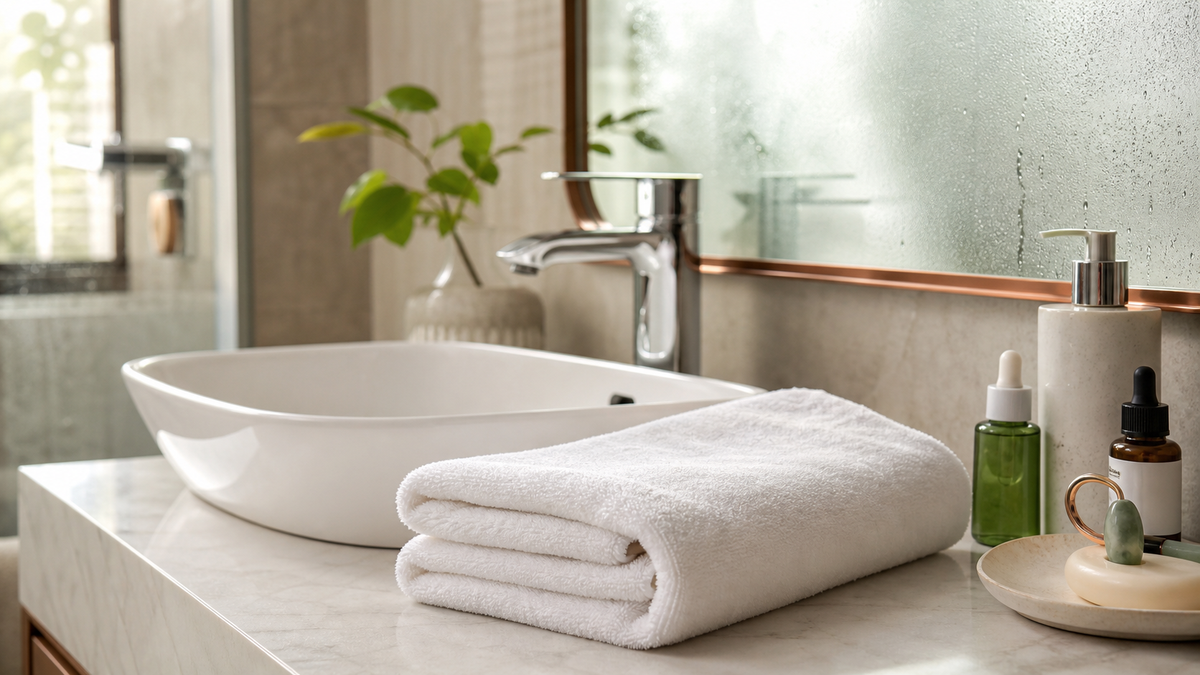 Folded white face towel beside sink and skincare bottles in a humid bathroom