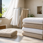 Soft folded towels in a bright Indian bathroom with a smaller towel kept separate for face use