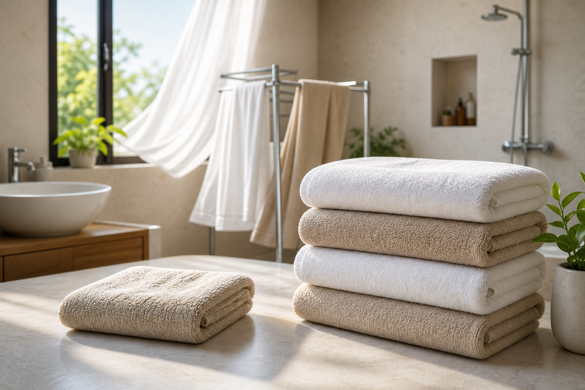 Soft folded towels in a bright Indian bathroom with a smaller towel kept separate for face use
