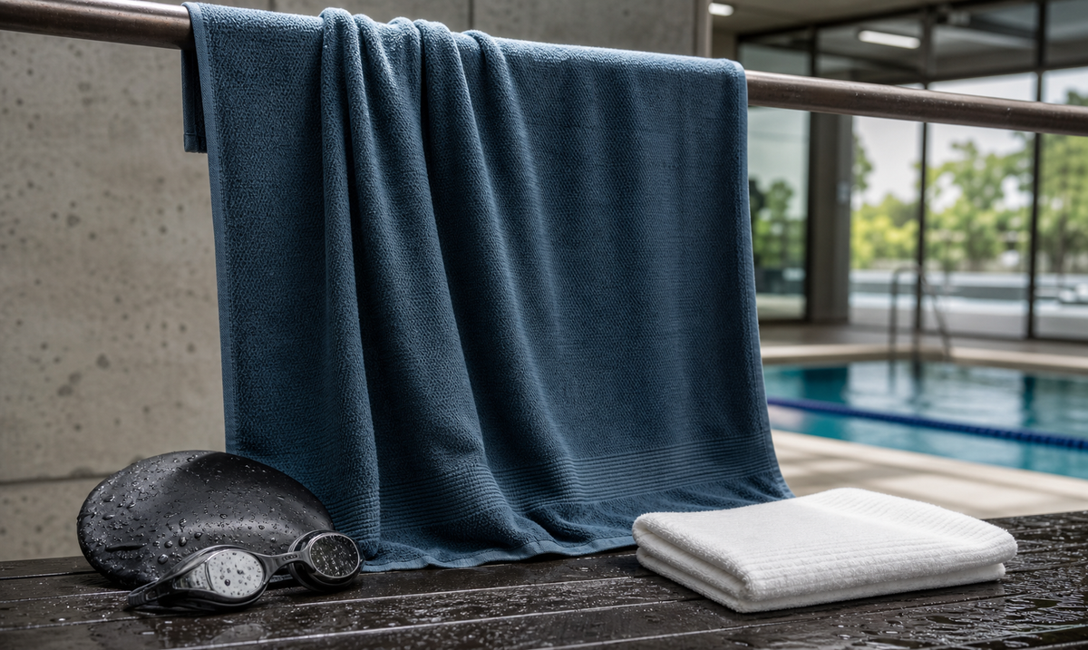 Quick-dry swimming towel hanging beside goggles, a swim cap, and a separate folded face towel