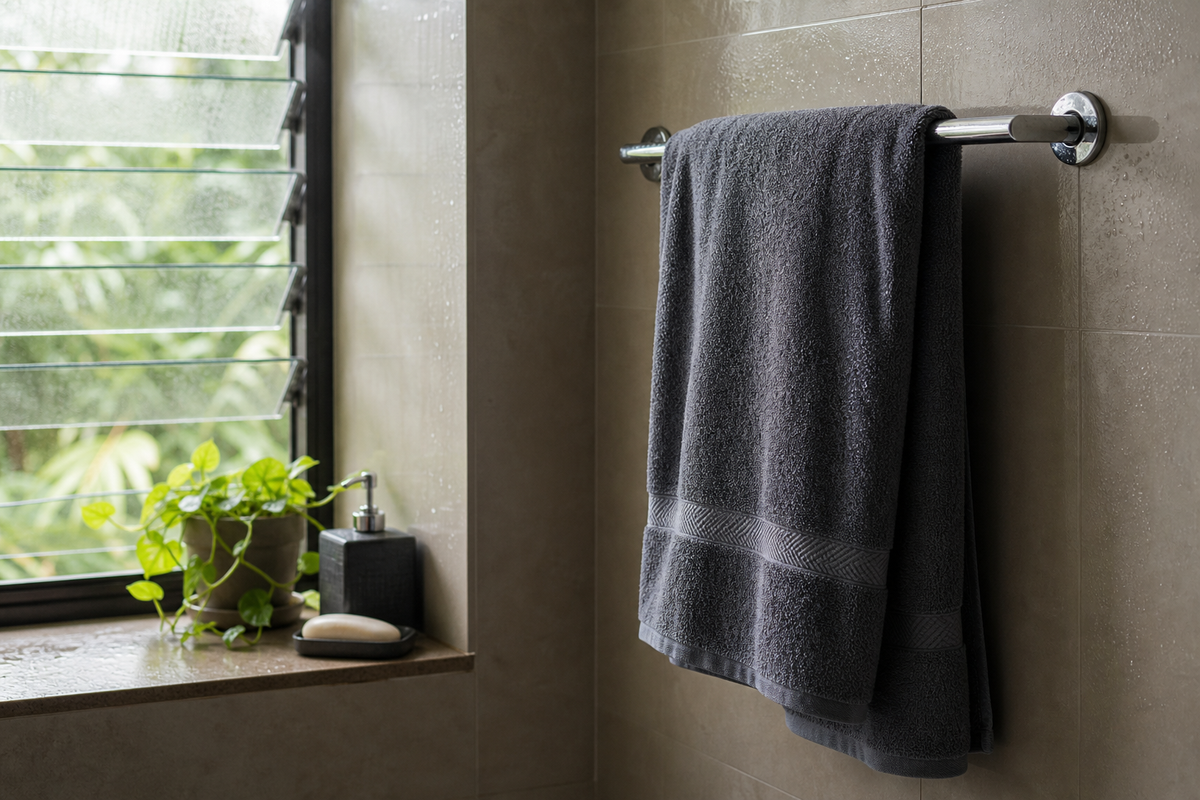 Bath towel hanging in a compact humid bathroom