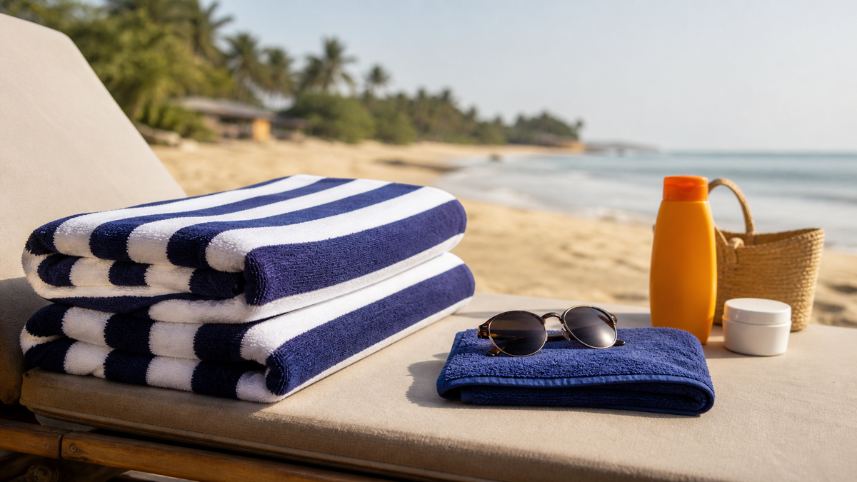 Folded striped beach towels with a smaller separate face towel, sunscreen, and sunglasses beside the sea