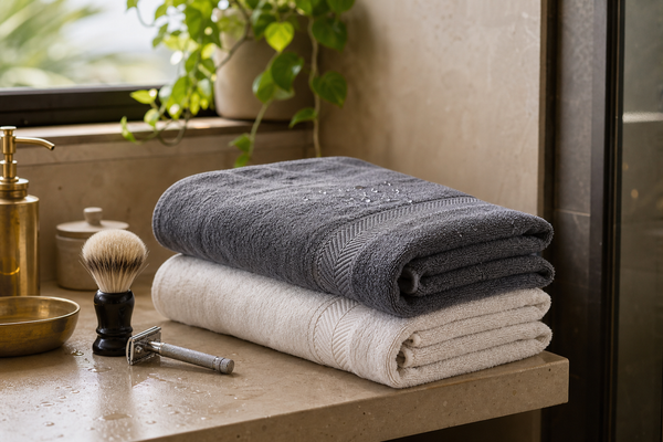 Folded towel beside shaving tools in a bright bathroom