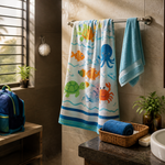 Colorful child bath towel hanging beside a smaller separate face towel and school swim bag in a family bathroom