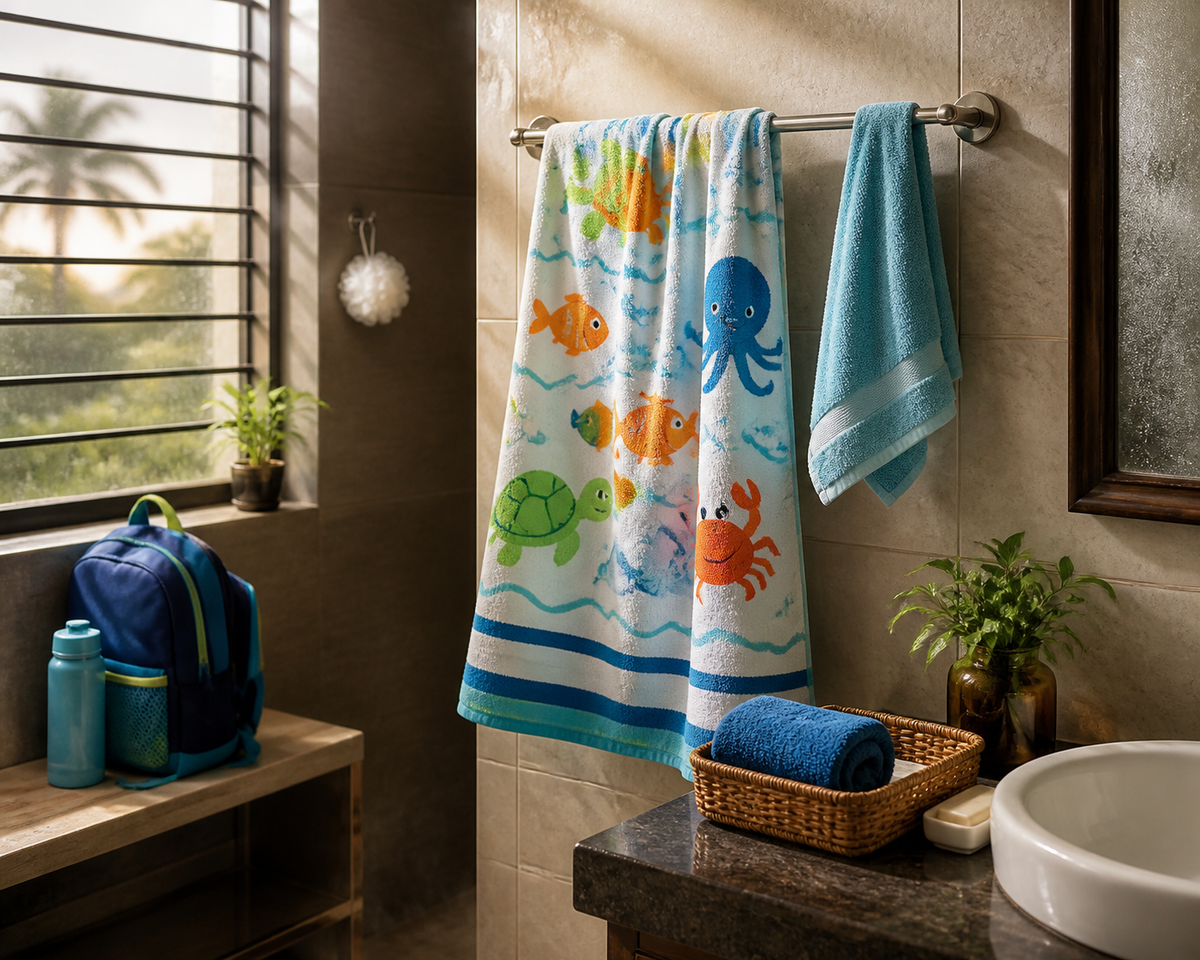 Colorful child bath towel hanging beside a smaller separate face towel and school swim bag in a family bathroom