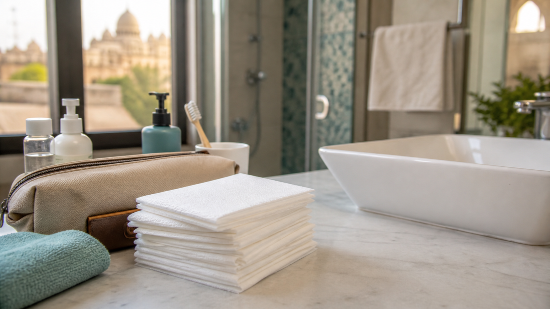 A neat travel and bathroom setup with disposable towels beside a toiletry pouch and sink