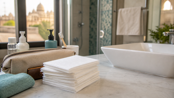 A neat travel and bathroom setup with disposable towels beside a toiletry pouch and sink