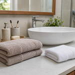 Folded hand towels beside an Indian bathroom sink with a clearly separate smaller face towel nearby
