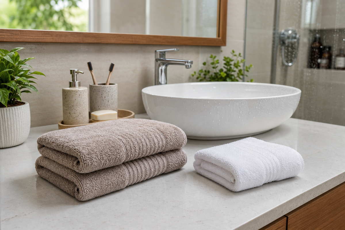 Folded hand towels beside an Indian bathroom sink with a clearly separate smaller face towel nearby