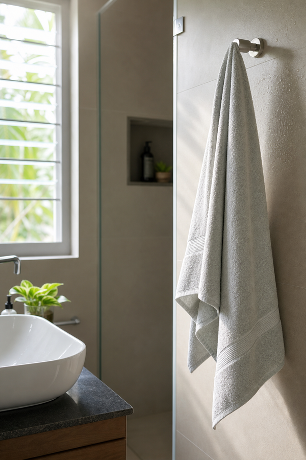 Light bath towel hanging in a compact sunlit bathroom with airy drying setup