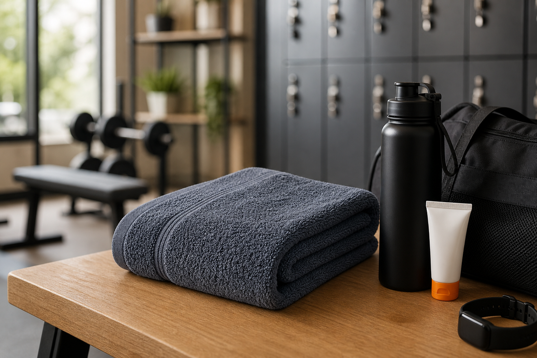 Folded gym towel beside water bottle, sunscreen tube, and gym bag