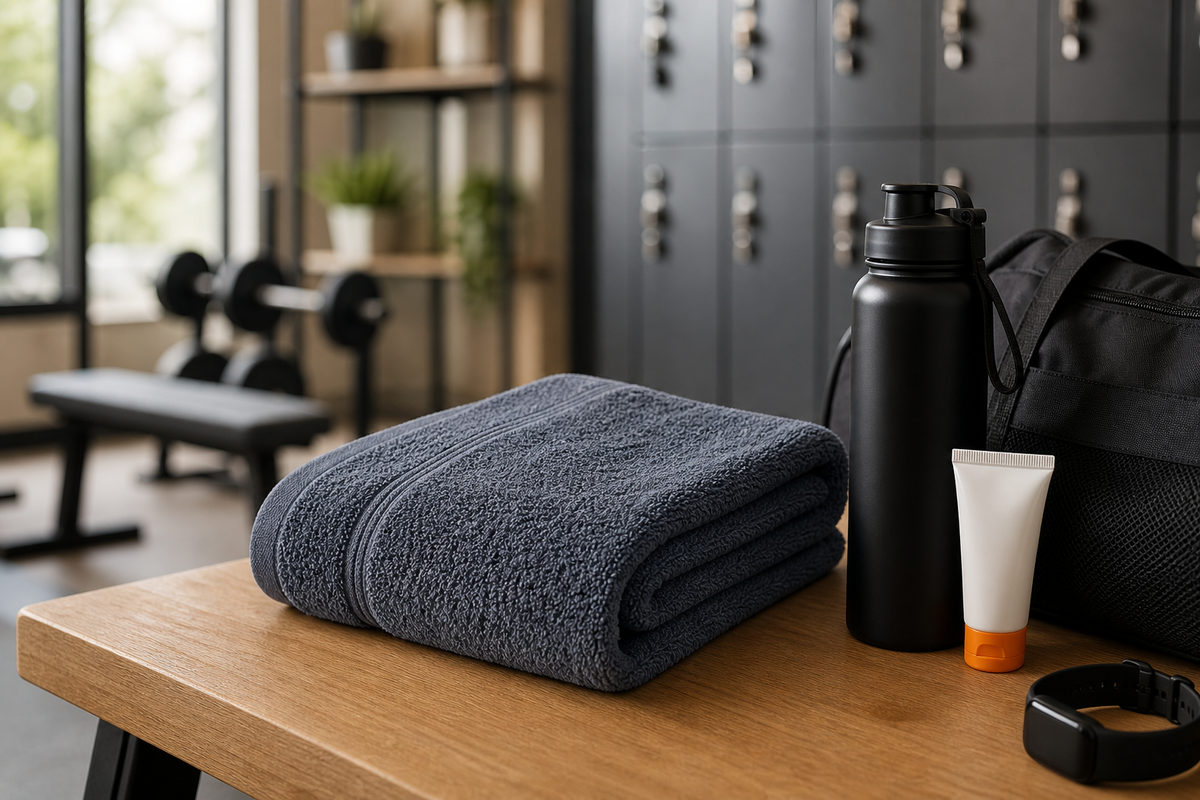 Folded gym towel beside water bottle, sunscreen tube, and gym bag