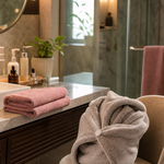 Fresh folded face towel beside a wrapped hair towel in a humid dressing area