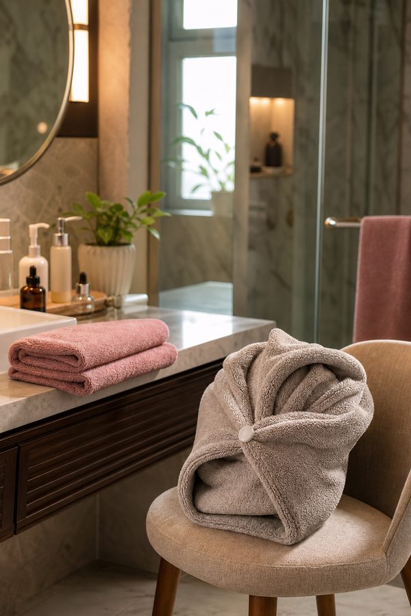 Fresh folded face towel beside a wrapped hair towel in a humid dressing area