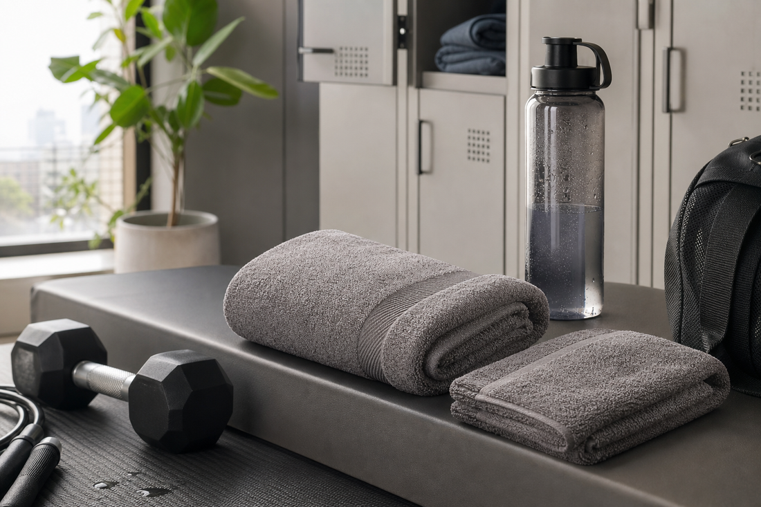 A gym bench with a workout towel, a separate smaller face towel, and a water bottle in a clean locker-room setting