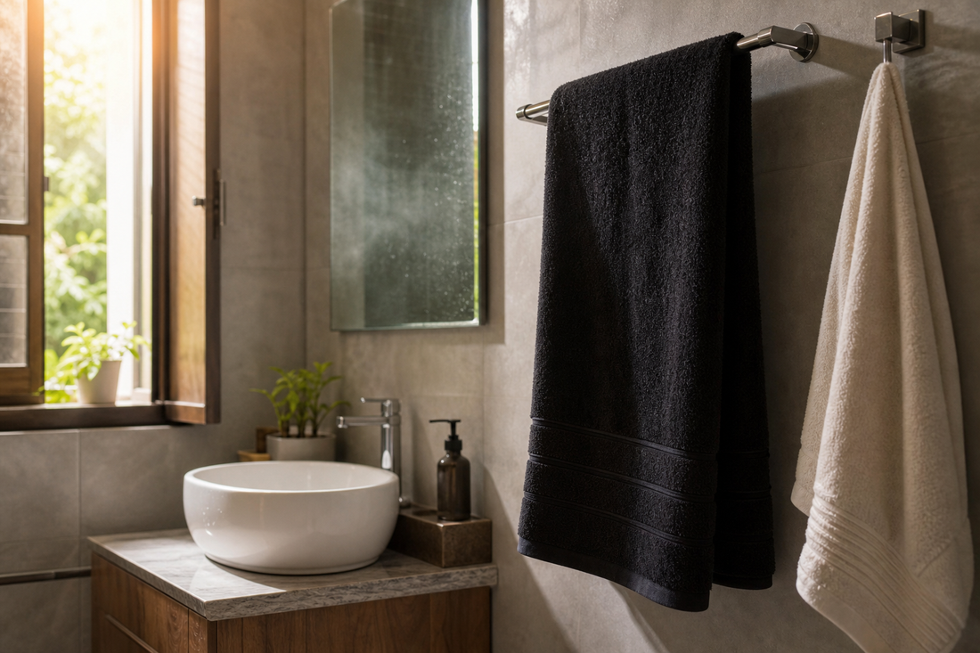 Folded black towel on a bathroom rail beside a lighter separate face towel in a humid Indian bathroom
