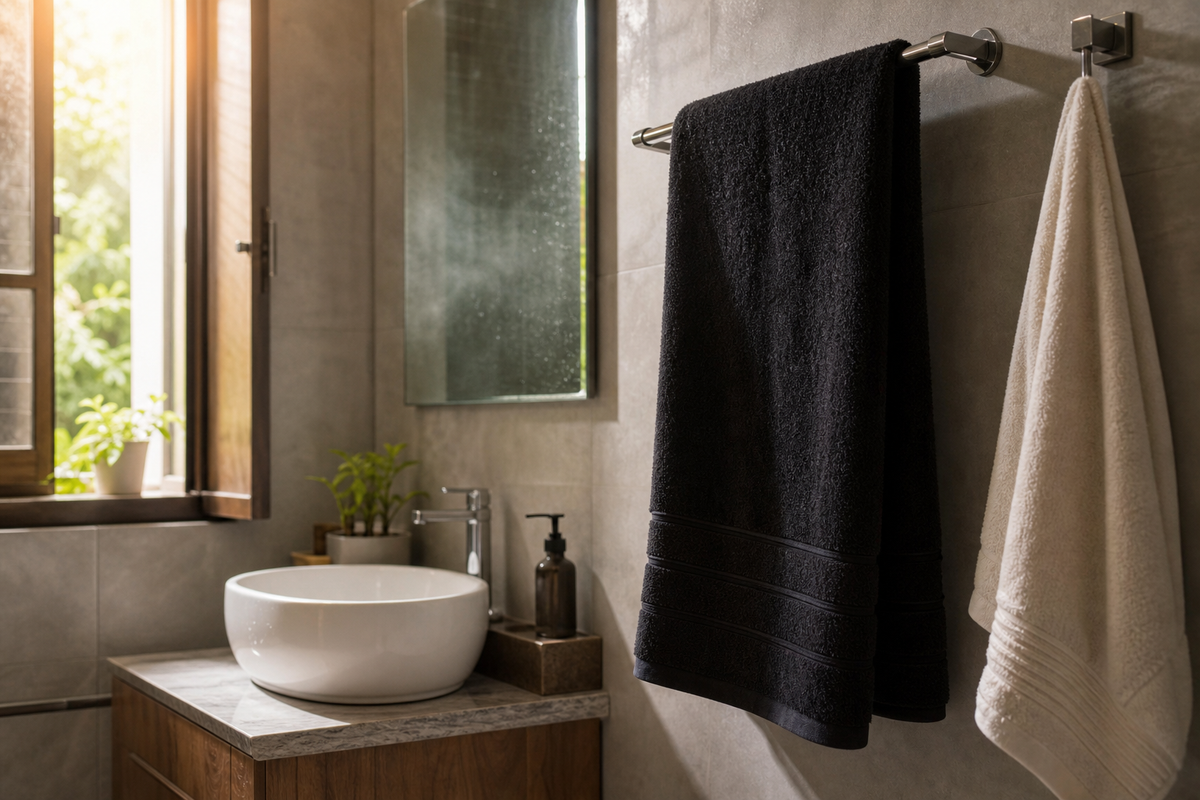 Folded black towel on a bathroom rail beside a lighter separate face towel in a humid Indian bathroom