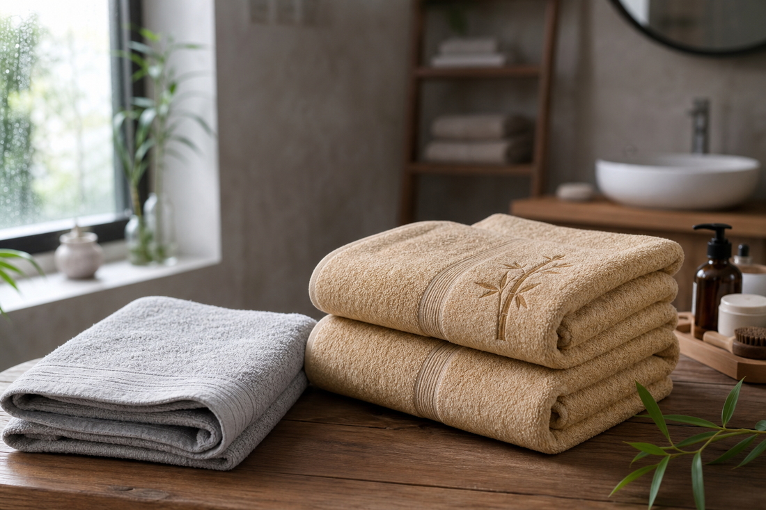 Folded bamboo-toned towels and a separate lighter face towel in a calm Indian bathroom setting