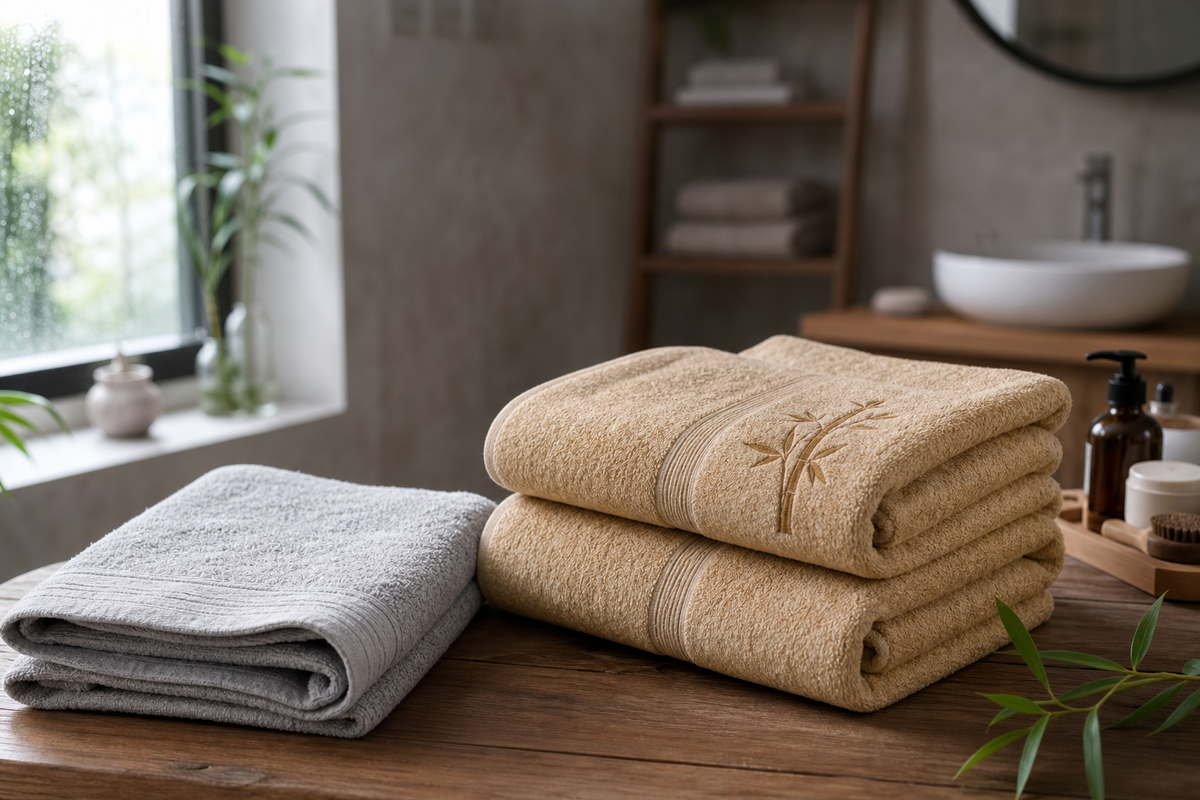 Folded bamboo-toned towels and a separate lighter face towel in a calm Indian bathroom setting