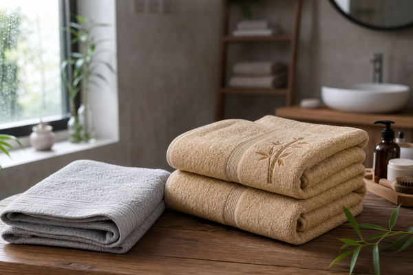 Folded bamboo-toned towels and a separate lighter face towel in a calm Indian bathroom setting